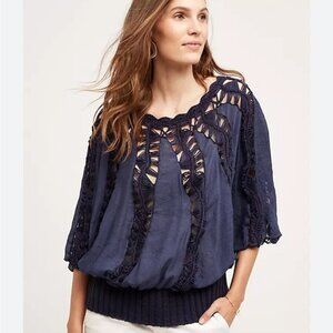 Anthropologie Tiny Sweetfern Peasant Top Navy Blue Crochet Cutout Top Size XS